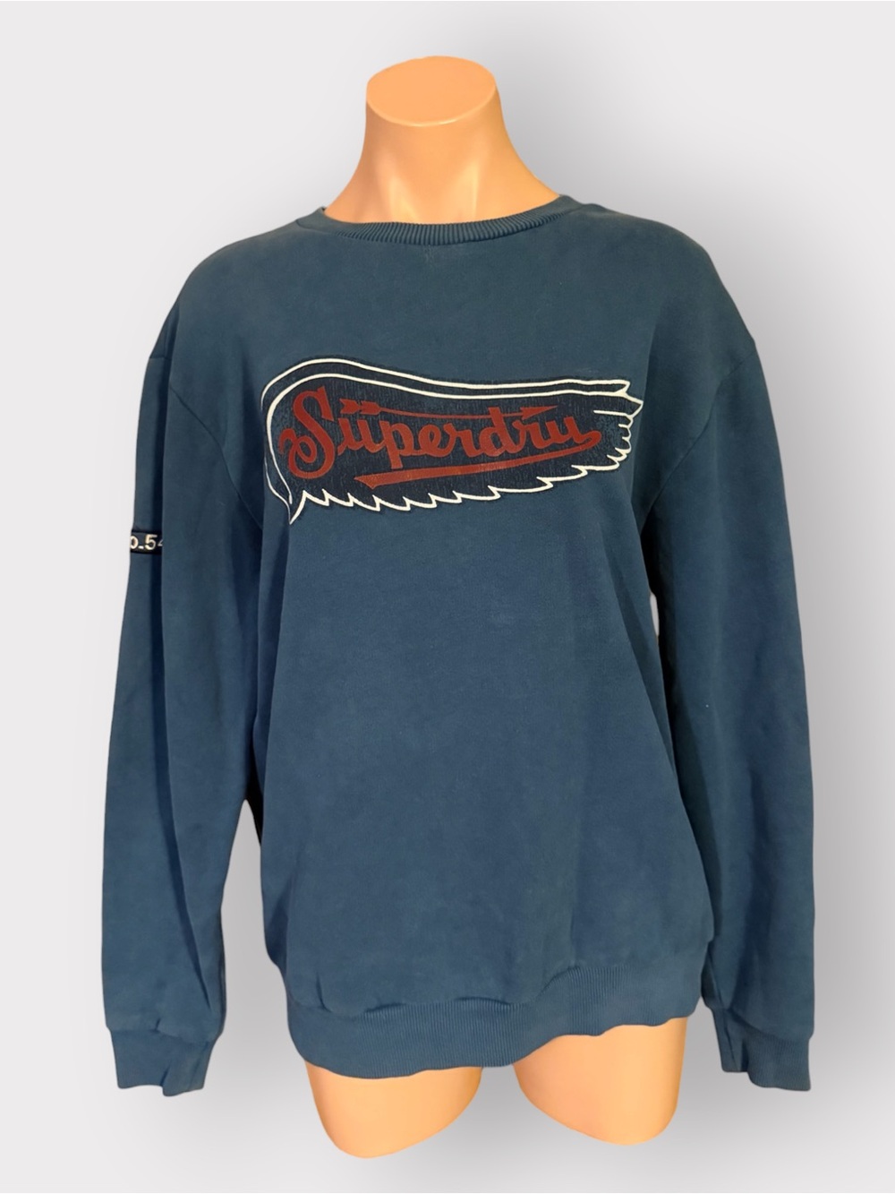 ⁠Superdry Womens 4 Blue Patched Winged Graphic Crewneck Sweatshirt Pullover⁠